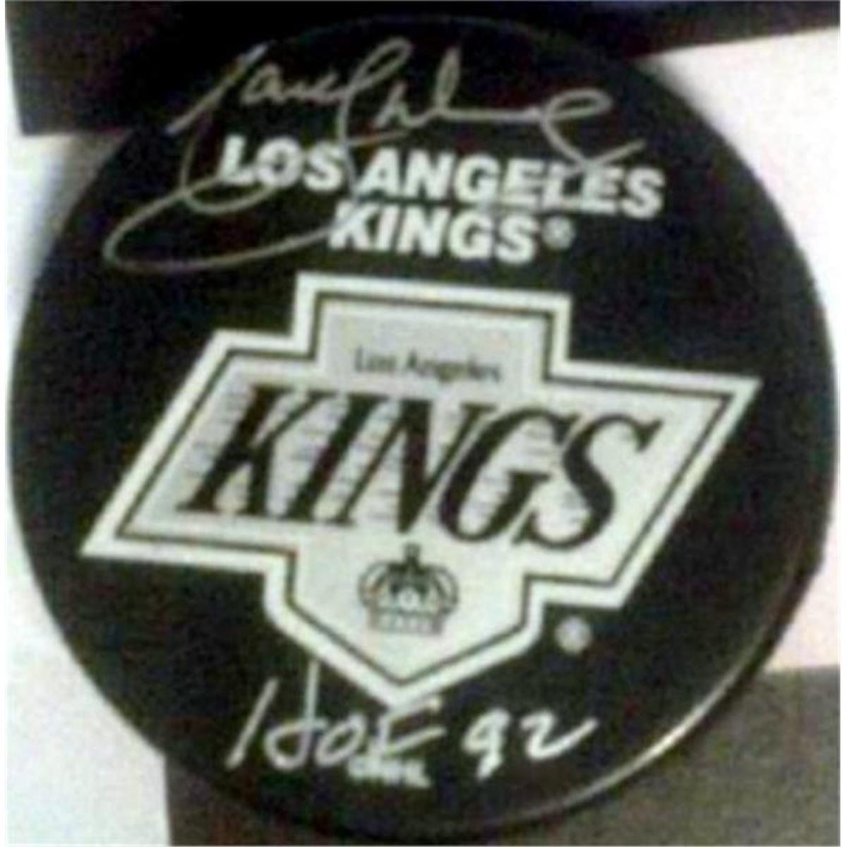 Picture of Autograph Warehouse 465364 Los Angeles Kings Hall of Famer Inscribed HOF 92 Style No. 2 Marcel Dionne Autographed Hockey Puck