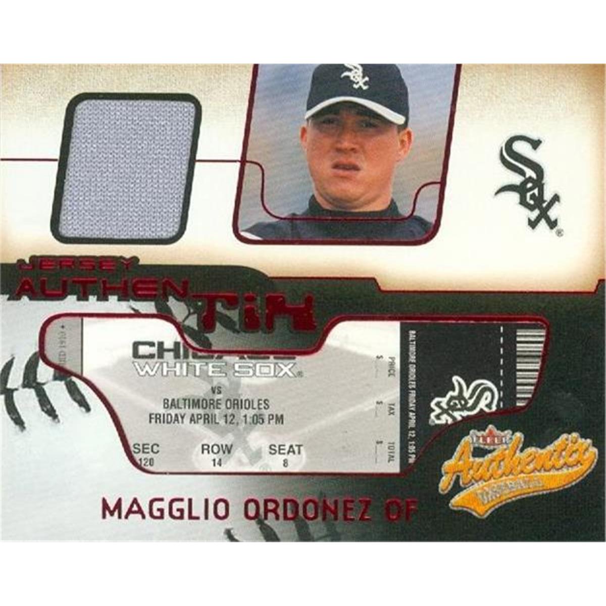 466457 Magglio Ordonez Player Worn Jersey Patch Baseball Card, 2000 Fleer Authentix No. JAMO