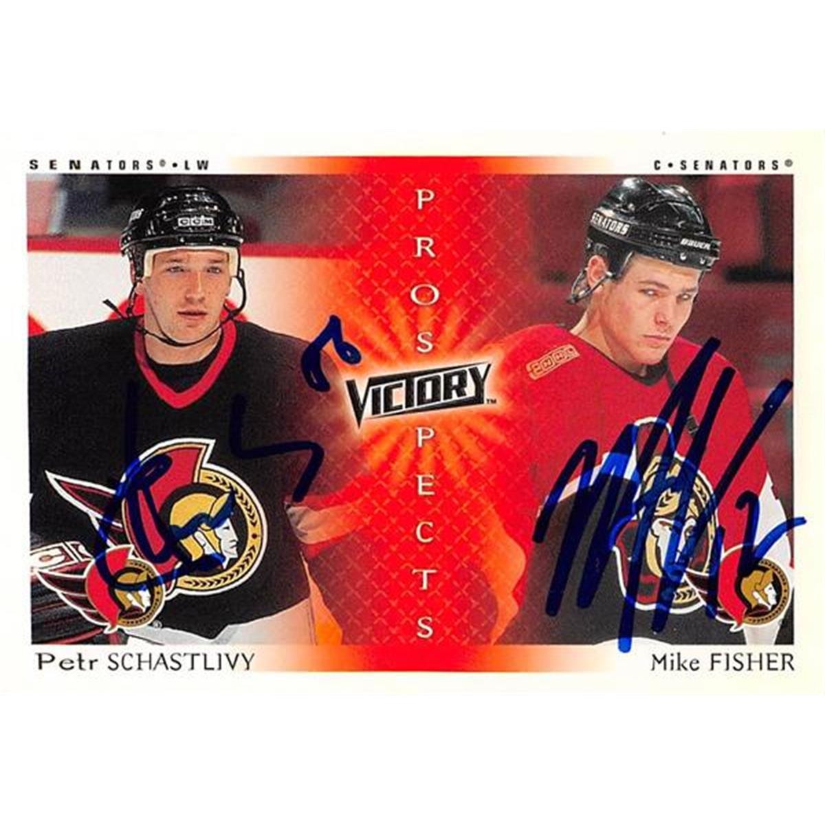 Picture of Autograph Warehouse 466176 Mike Fisher & Petr Schastlivy Autographed Ottawa Senators Hockey Card 2000 Upper Deck Victory Prospects No. 276