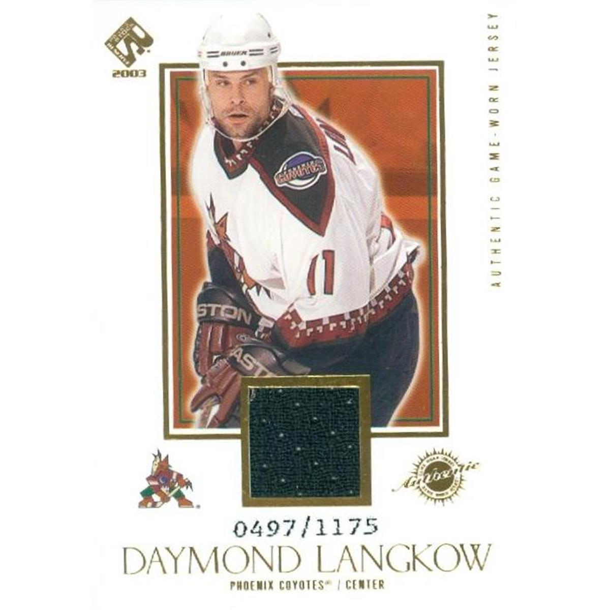 Picture of Autograph Warehouse 466235 Daymond Langkow Player Phoenix Coyotes Worn Jersey Patch Hockey Card 2003 Pacific Private Stock No. 137 LE 497-1175