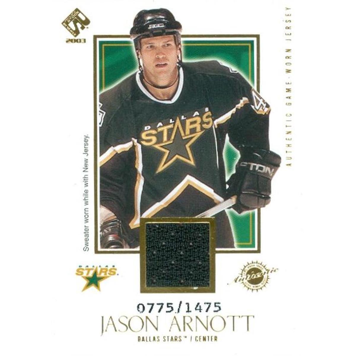 Autograph Warehouse 466322 Jason Arnott Player Dallas Stars Worn Jersey Patch Hockey Card 2003 Pacific Private Stock No. 113 LE 775-1475
