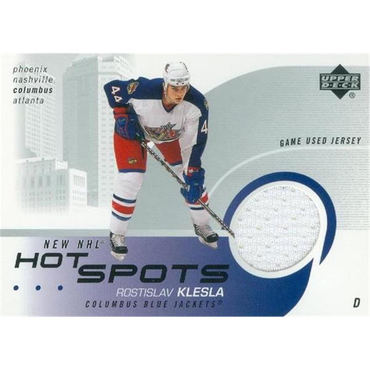 466331 Rostislav Kelsla Player Worn Jersey Patch Hockey Card, Columbus Blue Jackets - 2002 Upper Deck Hot Spots No.HSRK