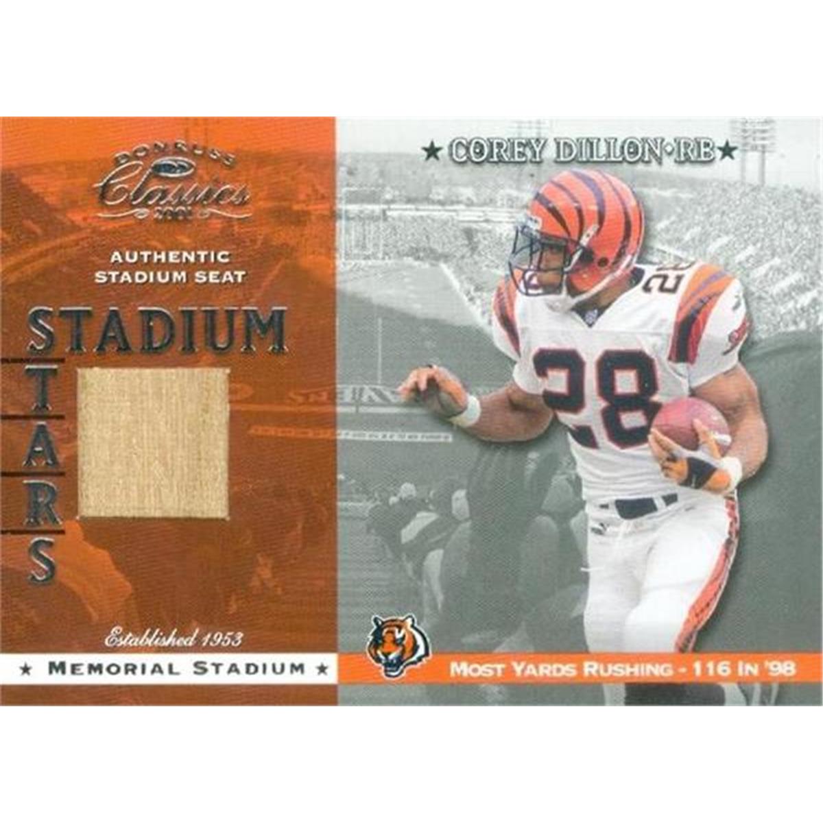 466576 Corey Dillon Authentic Stadium Seat Patch Football Card, Cincinnati Bengals - 2001 Donruss Classics No.SS22