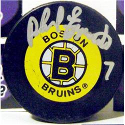 Picture of Autograph Warehouse 539611 Phil Esposito Autographed Hockey Puck - Boston Bruins Hall of Famer B with display cube