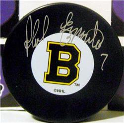 Picture of Autograph Warehouse 539610 Phil Esposito Autographed Hockey Puck - Boston Bruins Hall of Famer A with display cube