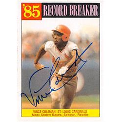 Picture of Autograph Warehouse 528567 Vince Coleman Autographed Baseball Card - St. Louis Cardinals 1986 Topps No.201 Record Breaker Rookie Stolen Bases
