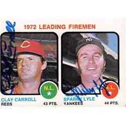 572096 New York Yankees Cincinnati Reds Sparky Lyle Clay Carroll Autographed Baseball Card - 1973 Topps No.311 Leading Firemen