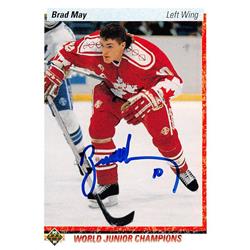620674 Brad May Autographed Hockey Card - Team Canada, SC 1991 Upper Deck World Junior Champions - No.455
