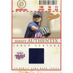 653583 Johan Santana Player Worn Jersey Patch Baseball Card - Minnesota Twins 2005 Fleer Authentix - No.JAJS