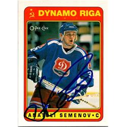654189 Anatoli Semenov Autographed Hockey Card - Russia, Dynamo Riga 1990 O-Pee-Chee - No.468 -  Autograph Warehouse
