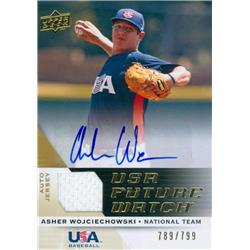 650264 Asher Wojciechowski Autographed Player Worn Jersey Patch Baseball Card - Team USA, Citadel 2009 Upper Deck Future Watch Rookie - No.UFWA22
