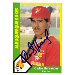 618525 Carlos Hernandez Autographed Baseball Card - Albuquerque Dukes, Dodgers 1990 CMC Minor League Rookie - No.418