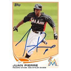 619075 Juan Pierre Autographed Baseball Card - Miami Marlins 2013 Topps - No.376 Stolen Base Record Chase