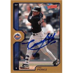 586805 Timo Perez Autographed Baseball Card - New York Mets 2002 Upper Deck Victory - No.407 Gold