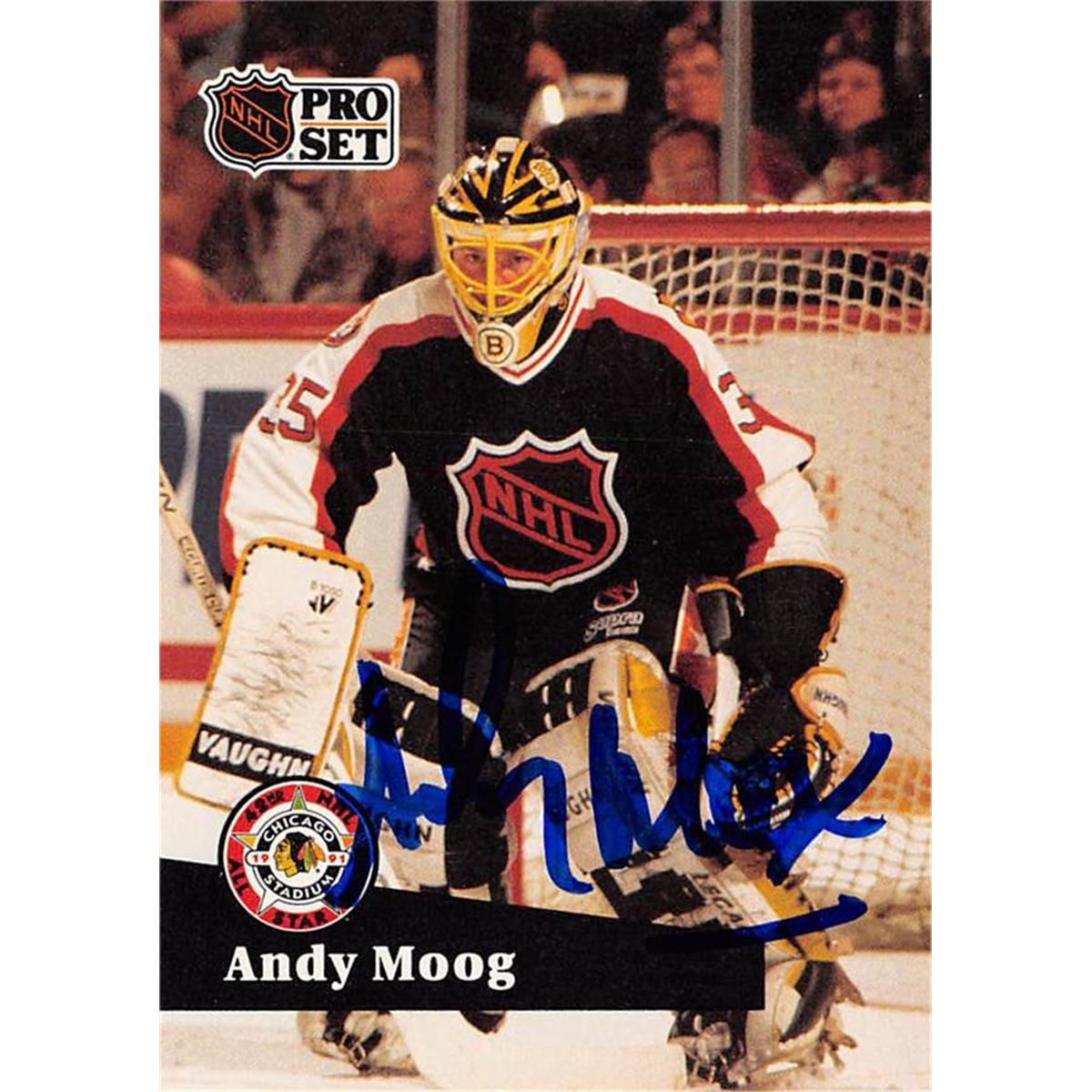Andy Moog autographed hockey card (Edmonton Oilers) 1991 Pro Set #299 - Hockey Slabbed Autographed Cards