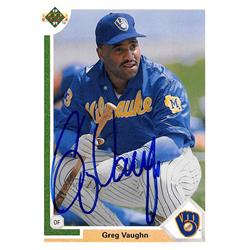 621258 Greg Vaughn Autographed Baseball Card - Milwaukee Brewers, 67 1991 Upper Deck - No.526