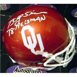 Picture of Autograph Warehouse 597862 Billy Sims Autographed Mini Helmet - Oklahoma Sooners Inscribed 78 Heisman