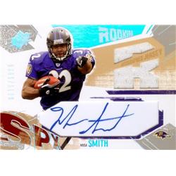 650384 Musa Smith Autographed Player Worn Jersey Patch Football Card - Baltimore Ravens 2003 Upper Deck SPX Rookie - No.216