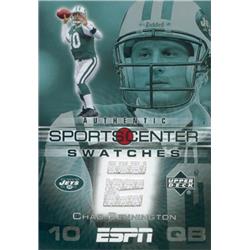 627031 Chad Pennington Player Worn Jersey Patch Football Card - New York Jets 2005 Upper Deck ESPN Swatches - No.SCSCP