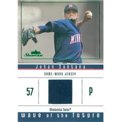 Johan Santana Player Worn Jersey Patch Baseball Card - Minnesota Twins 2005 Fleer Showcase Wave of the Future - No.WFJS