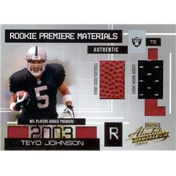 Teyo Johnson Player Worn jersey & ball Patch Football Card - Oakland Raiders 2003 Playoff Absolute Rookie Premiere Materials - No.175 LE 457-750