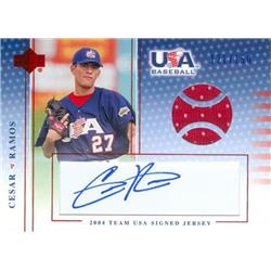 649989 Cesar Ramos Autographed Player Worn Jersey Patch Baseball Card - Team USA, California State University 2005 Upper Deck Rookie - No.USAJ23