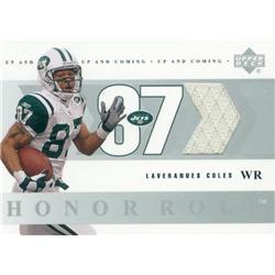 587722 Laveranues Coles Player Worn Jersey Patch Football Card - New York Jets 2002 Upper Deck Honor Roll - No.UCLC