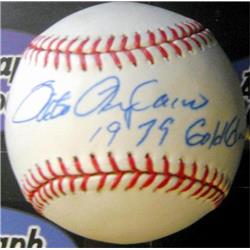 Sixto Lezcano autographed baseball inscribed 79 Gold Glove (OMLB Milwaukee Brewers Cardinals Padres) White Yellow Spotting Condition - Autographed MLB Gloves