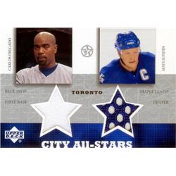 Carlos Delgado & Mats Sundin Player Worn Jersey Patch Baseball Card - Toronto Blue Jays, Maple Leafs 2003 Upper Deck City All Stars - No.CDMSC