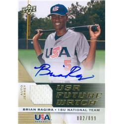650263 Brian Ragira Autographed Player Worn Jersey Patch Baseball Card - Team USA, Stanford Cardinal 2009 Upper Deck Future Watch Rookie - No.UFWA36