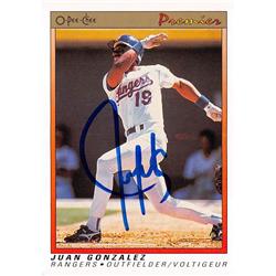 598364 Juan Gonzalez Autographed Baseball Card - 1991 O Pee Chee No.54 - Texas Rangers