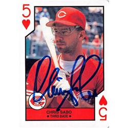 626243 Chris Sabo Autographed Baseball Card - Cincinnati Reds - 1990 US Playing No.5 Hearts
