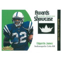 Edgerrin James Player Worn Jersey Patch Football Card - Indianapolis Colts - 2001 Fleer Awards Showcase Rookie of the Year No.EJ LE 80-100