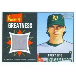Barry Zito player worn jersey patch baseball card (Oakland Athletics) 2005 Bowman Heritage Pieces of Greatness #PGBZ - MLB Game Used Jerseys