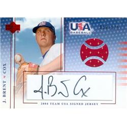 J. Brent Cox autographed player worn jersey patch baseball card (Team USA, Texas Longhorns) 2005 Upper Deck Rookie #USAJ28 - MLB Autographed Baseball Cards