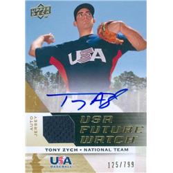 650266 Tony Zych Autographed Player Worn Jersey Patch Baseball Card - Team USA - 2009 Upper Deck Future Watch Rookie No.UFWA20