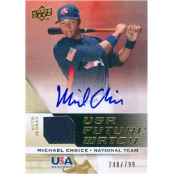 650268 Michael Choice Autographed Player Worn Jersey Patch Baseball Card - Team USA, Texas Longhorns - 2009 Upper Deck Future Watch Rookie No.UFWA7