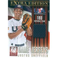 583416 Justus Sheffield Player Worn Jersey Patch Baseball Card - Team USA - 2013 Panini Elite Game Jerseys Extra Edition Rookie No.18