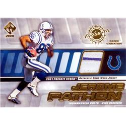 Jerome Pathon Player Worn Jersey Patch Football Card - Indianapolis Colts - 2001 Pacific Private Stock No.67 LE 245-300