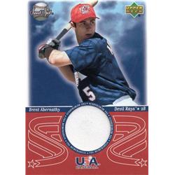 700855 Brent Abernathy Player Worn Jersey Patch Tampa Bay Devil Rays, Team USA 2002 Upper Deck Sweet Spot No.USABA Baseball Card