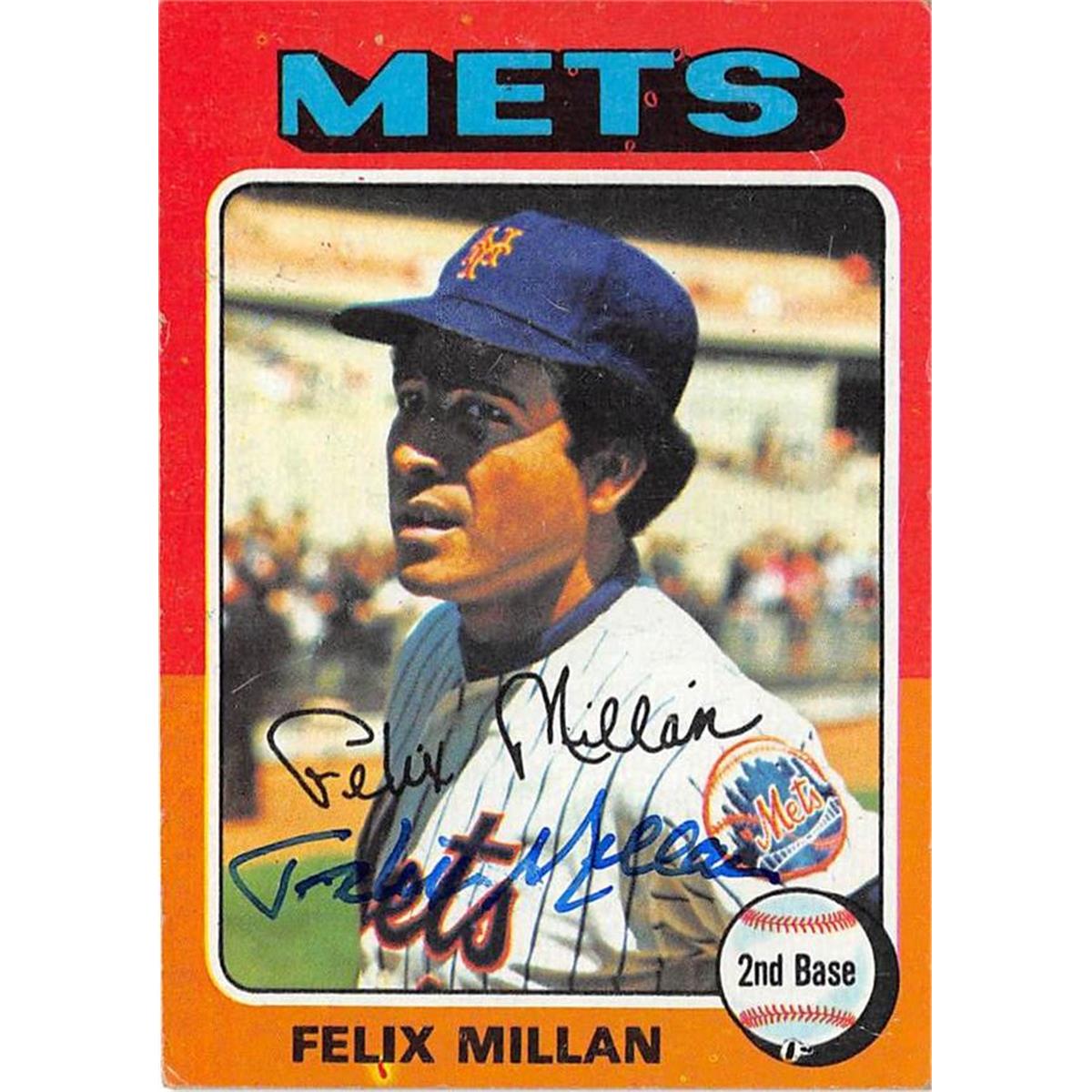 701218 Felix Millan Autographed New York Mets JZ 1975 Topps No.445 Baseball Card