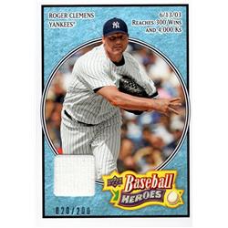 702114 Roger Clemens Player Worn Jersey Patch New York Yankees 2008 Upper Deck Heroes No.123 LE 20-200 Baseball Card