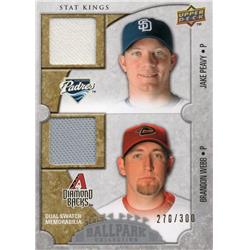 Jake Peavy & Brandon Webb Player Worn Jersey Patch Padres, Diamondbacks 2009 Upper Deck Ballpark Stat Kings No.182 LE 270-300 Baseball Card