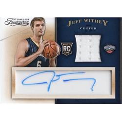 688055 Jeff Withey Autographed Player Worn Jersey Patch New Orleans Pelicans 2013 Panini Timeless Treasures Rookie No.112 Basketball Card