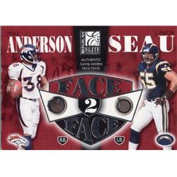 676106 Junior Seau & Mike Anderson Player Worn Helmet Patch Chargers, Broncos 2002 Donruss Elite Face To Face No.FF3 LE 272-350 Football Card