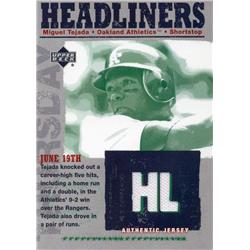 675763 Miguel Tejada Player Worn Jersey Patch Oakland Athletics 2003 Upper Deck Headliners No.HLMT Baseball Card