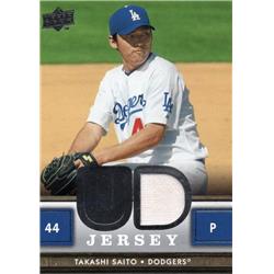 675788 Takashi Saito Player Worn Jersey Patch Los Angeles Dodgers, Japanese 2008 Upper Deck No.UDTS Baseball Card