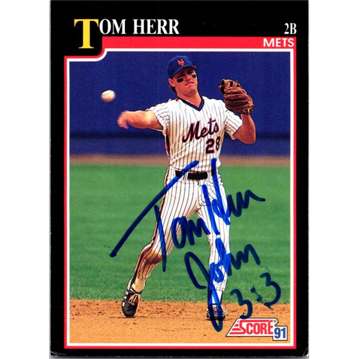 725131 Tom Herr Autographed New York Mets 1991 Score No.820 Baseball Card