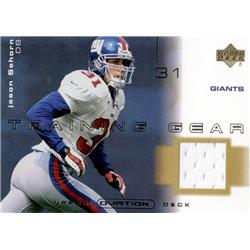 725767 Jason Sehorn Player Worn Jersey Patch New York Giants 2001 Upper Deck Training Gear No.TJS Football Card