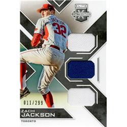 675784 Zach Jackson Player Worn Jersey Patch Toronto Blue Jays 2016 Panini Elite Extra Rookie No.TMZJ LE 11-299 Baseball Card